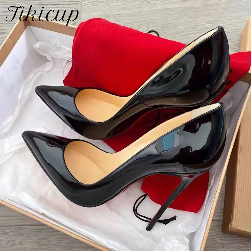 Patent Leather Pump - Tikicup klassische schwarze Lackleder-Stiletto-High-Heels mit spitzer