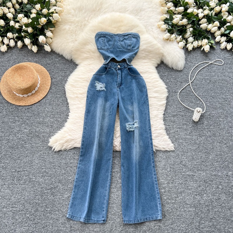 Women Shoes Jeans - Denim-Jumpsuits für Damen, Einteiler, Schulterfreie Ärmellose
