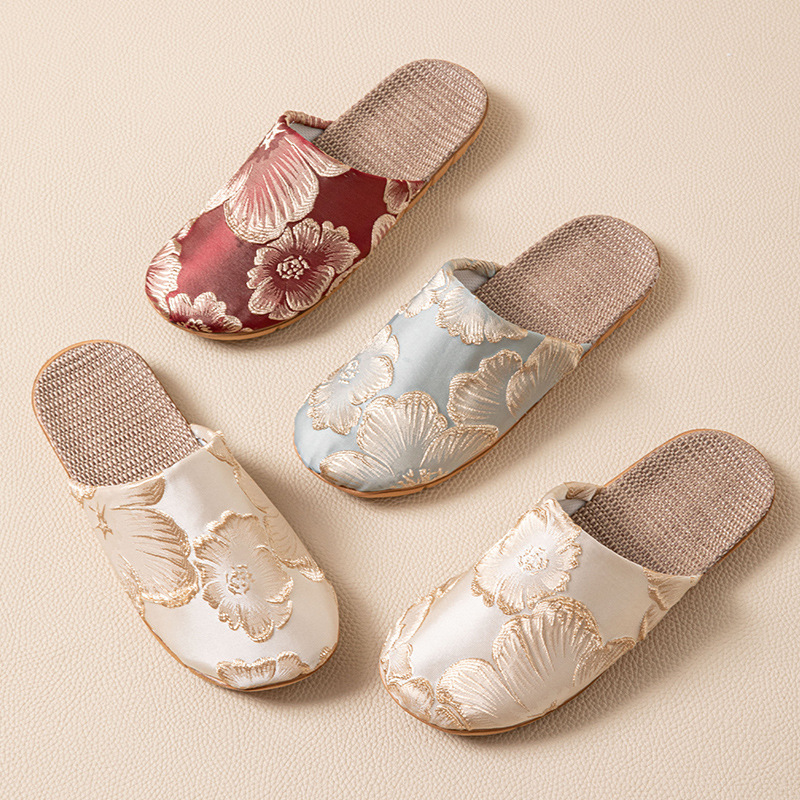Women Shoes Mules - Elegante Seiden-Mule-Hausschuhe für Damen, Blumenmuster, Leinen,