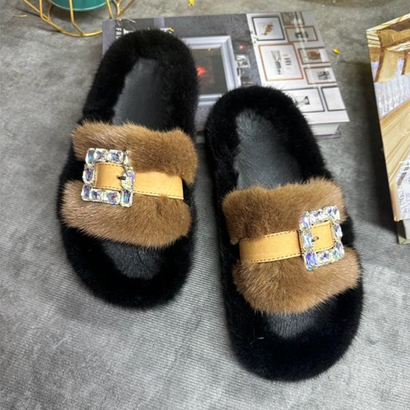 Women Shoes Mules - Nerzfell-Pantoffeln für Damen, Echte Fell-Slides, Erwachsenen-Plateauschuhe