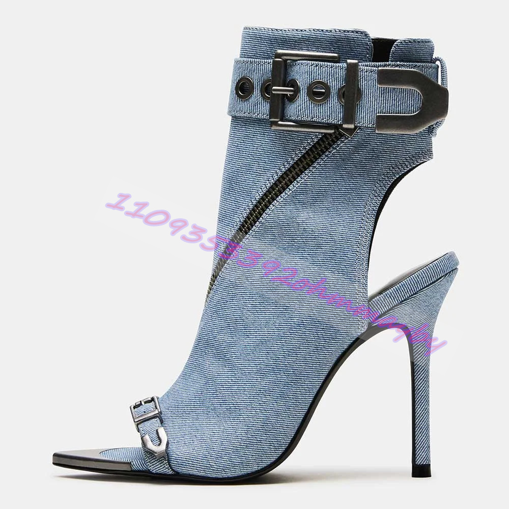 Women Shoes Zipper - Sommerliche blaue Denim-Stiefel mit spitzer Zehenpartie