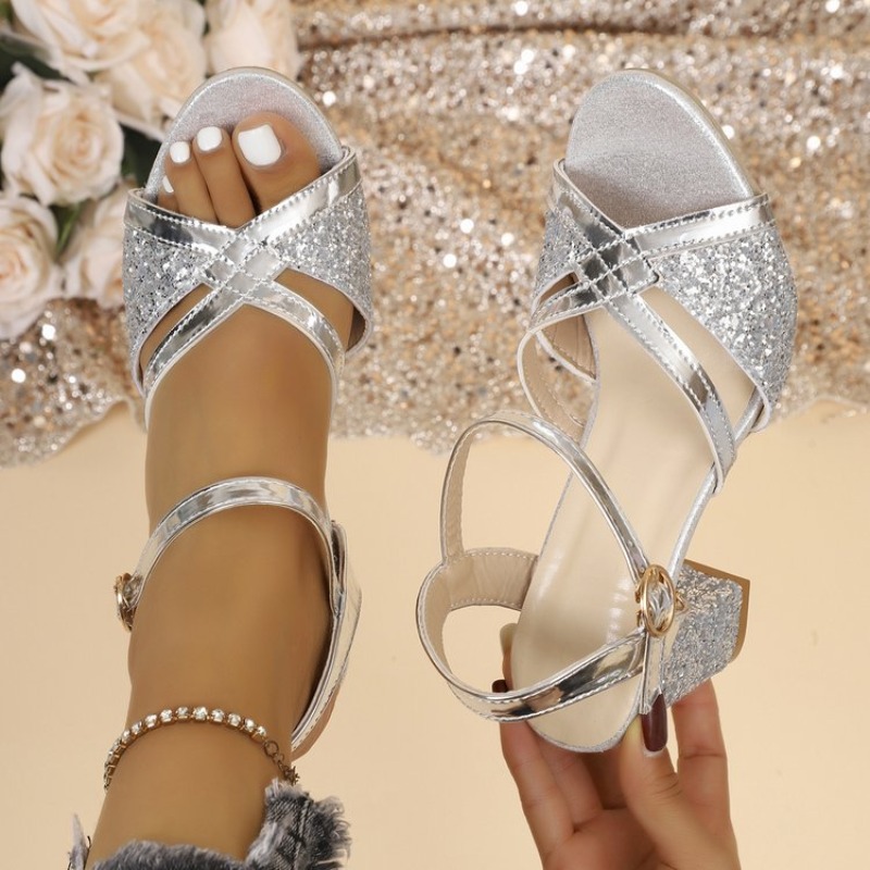 Metallic Heel Sandal - Damen Blockabsatz-Sandalen Gold Glitzernde Kreuzriemen Knöchelriemen