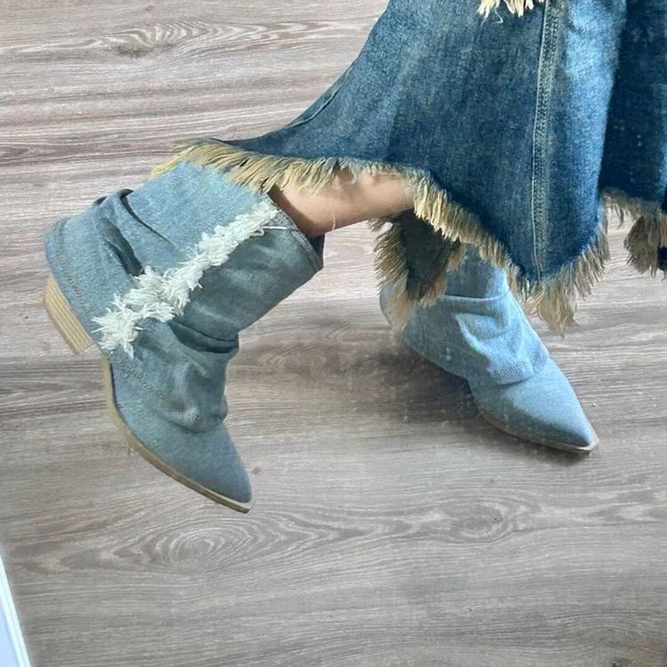Women Shoes Jeans - Plissee Denim Stiefeletten Frauen Herbst spitzen