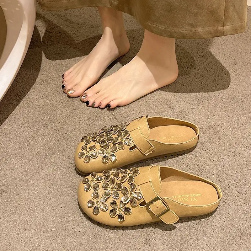 Women Shoes Mules - Damen-Clogs mit Blumenmuster und Strass-Schnalle, geschlossener