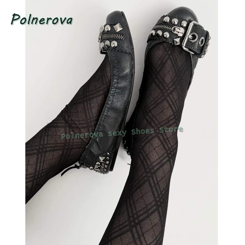 Women Shoes Zipper - Nieten-Gürtelschnallen Mary Jane Schuhe Spitze Flache
