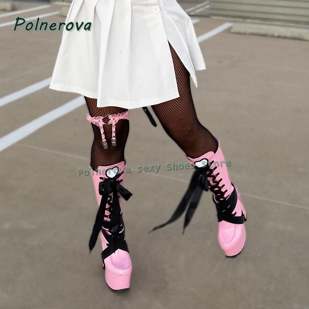 Women Shoes Size Chart - Damen Rosa Plateau-Kniehohe Stiefel mit Rundzehe,