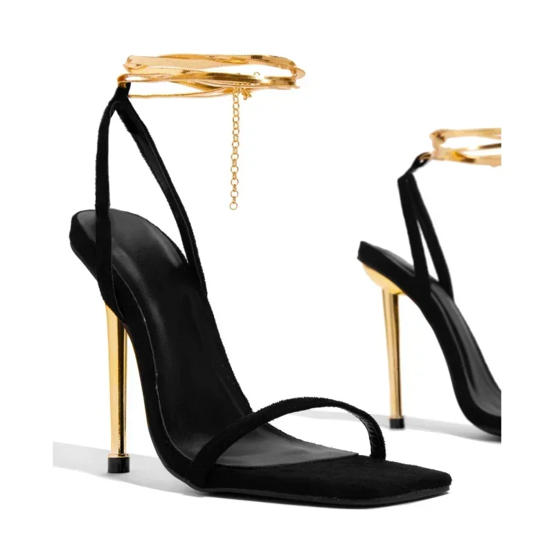 Metallic Heel Sandal - Sexy Damen Goldene Sandaletten mit Vorhängeschloss-Design,