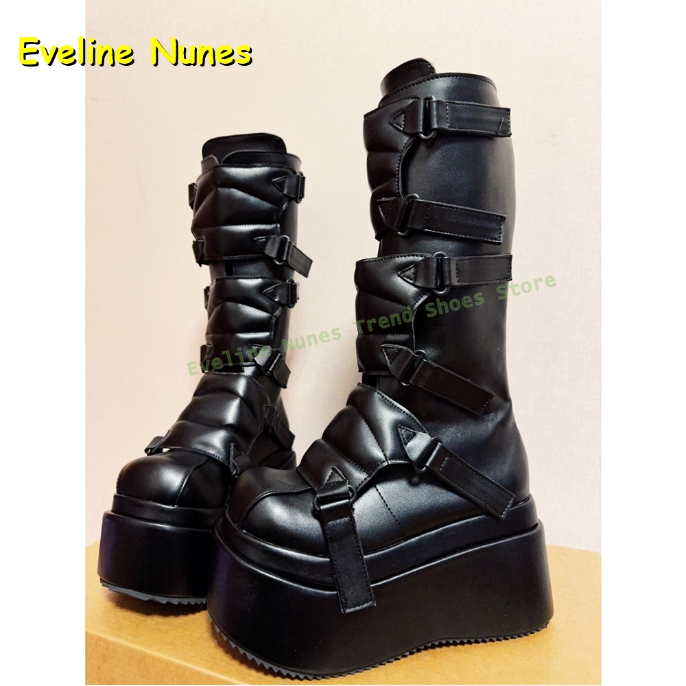 Women Shoes Size Chart - Schwarze Schnalle Cyberpunk Y2K Kniehohe Stiefel