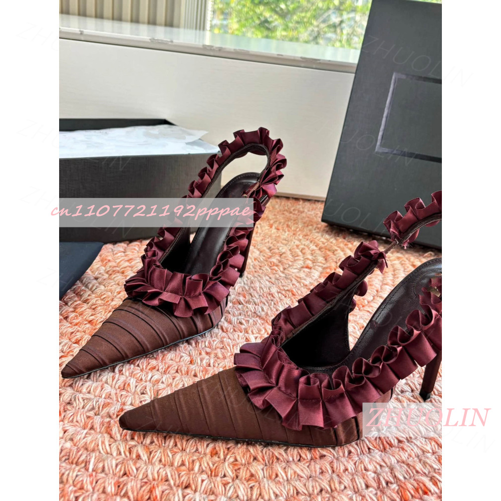 Women'S Shoes Burgundy - Slingback High Heels Burgunderrot Plissierter Satin