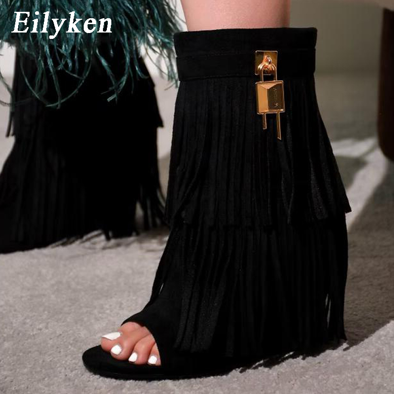 Women Shoes Zipper - Eilyken Designer Fransen-Keilabsatz-Stiefel Sandalen Damen High