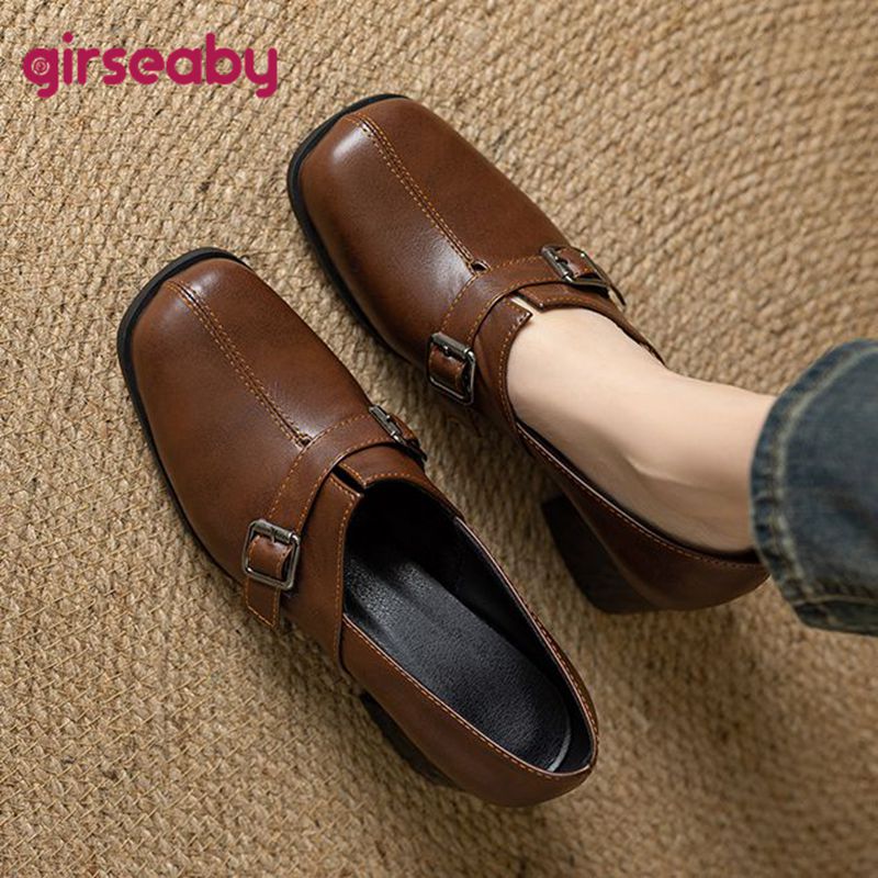 Women'S Shoes Plus Size - Girseaby Vintage-Damen-Pumps, quadratische Zehenpartie, Blockabsätze, Slip-On-Gürtelschnalle,