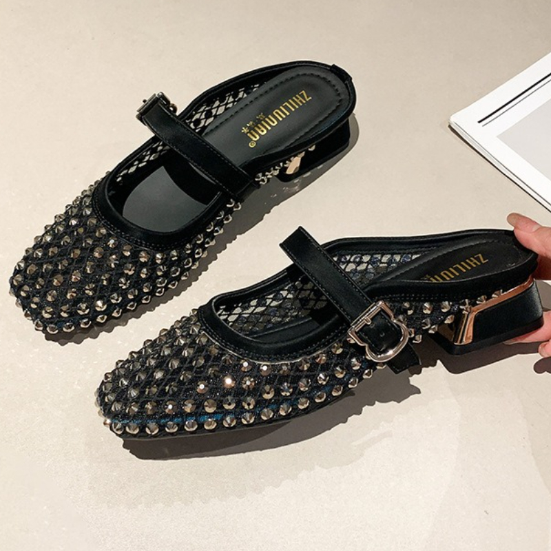 Mesh Strass Chunky Ferse Mault – Women Shoes Mules Bewertung und Preis